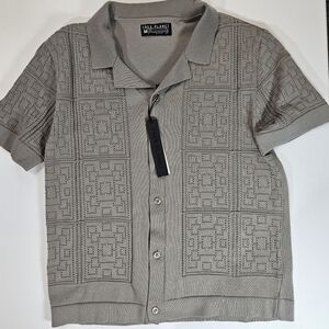 Free Planet Sweater Mens Medium Gray Knit Button Up Short Sleeve Polo Shirt New